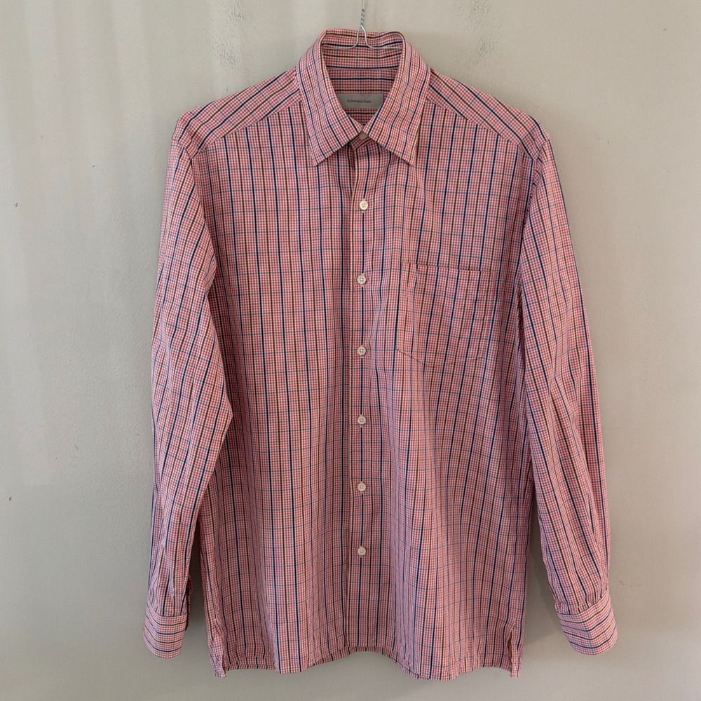 Ermenegildo Zegna Men Medium Red Blue Check Cotton Long Sleeve Button Down Shirt - Picture 2 of 11